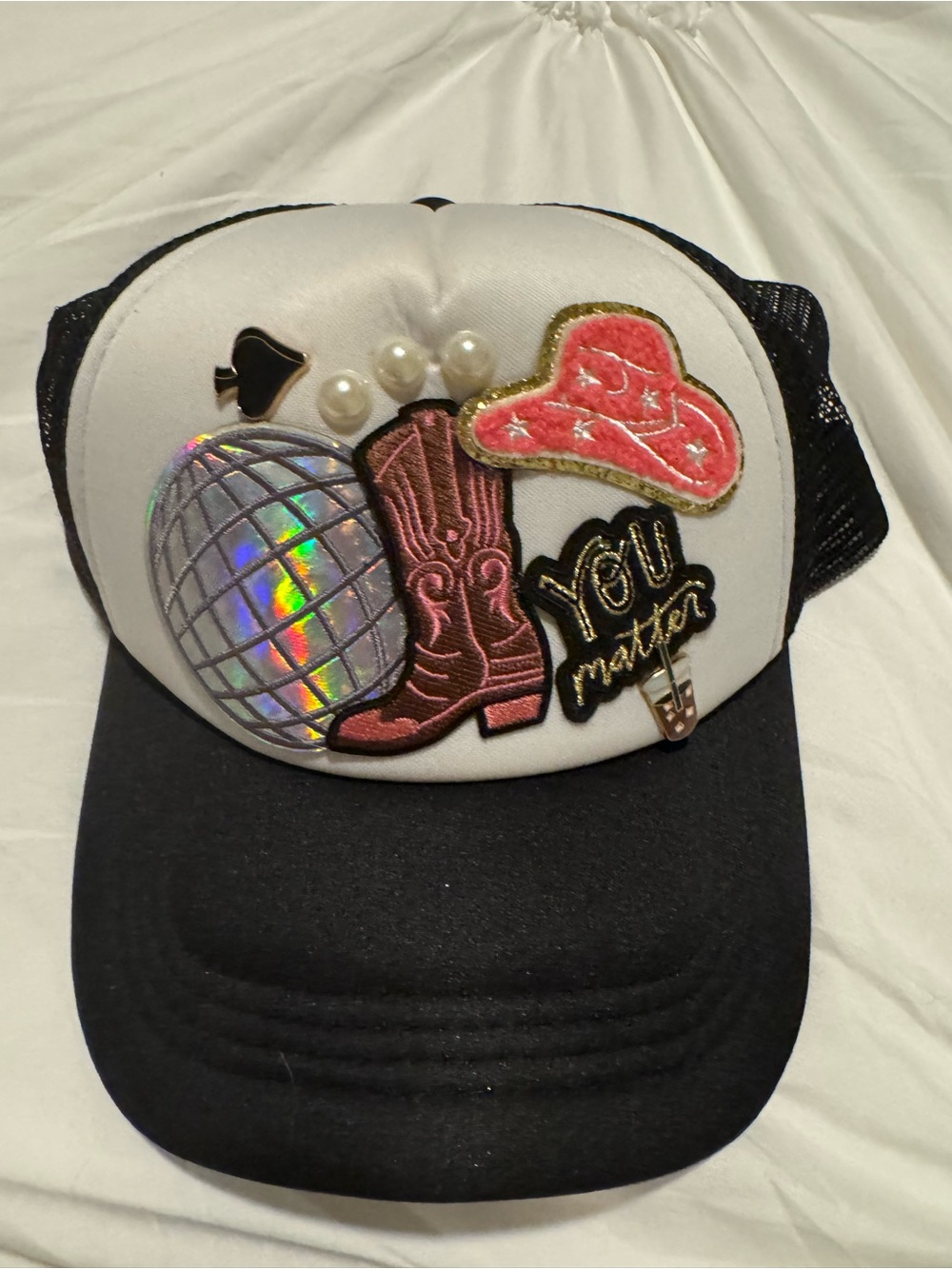 Embroidered Trucker Hat with Disco Ball & Cowboy Boots - Black & White